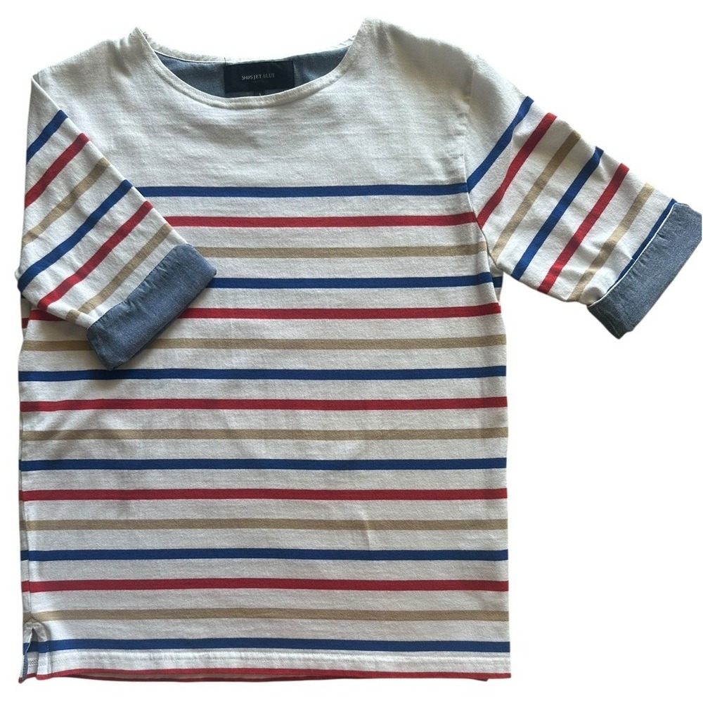 Ships Jet Blue Striped‎ Top Size Small Nautical Coastal Japanese Contrast Cuff